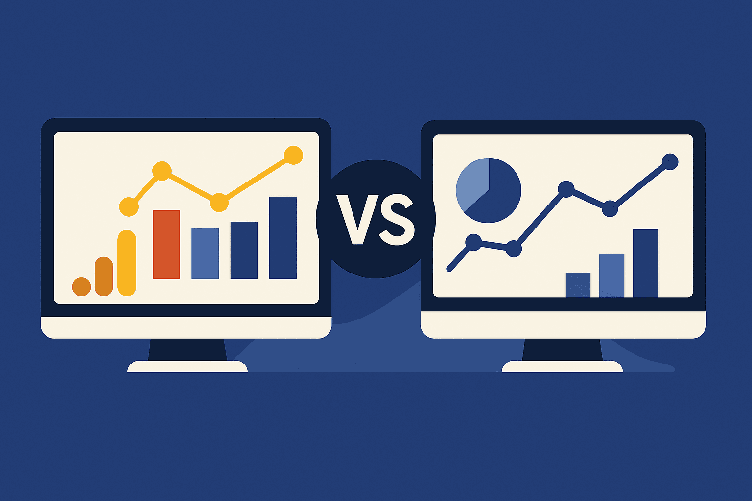 A modern analytics dashboard comparing GA4 and Universal Analytics data with colorful charts and graphs.