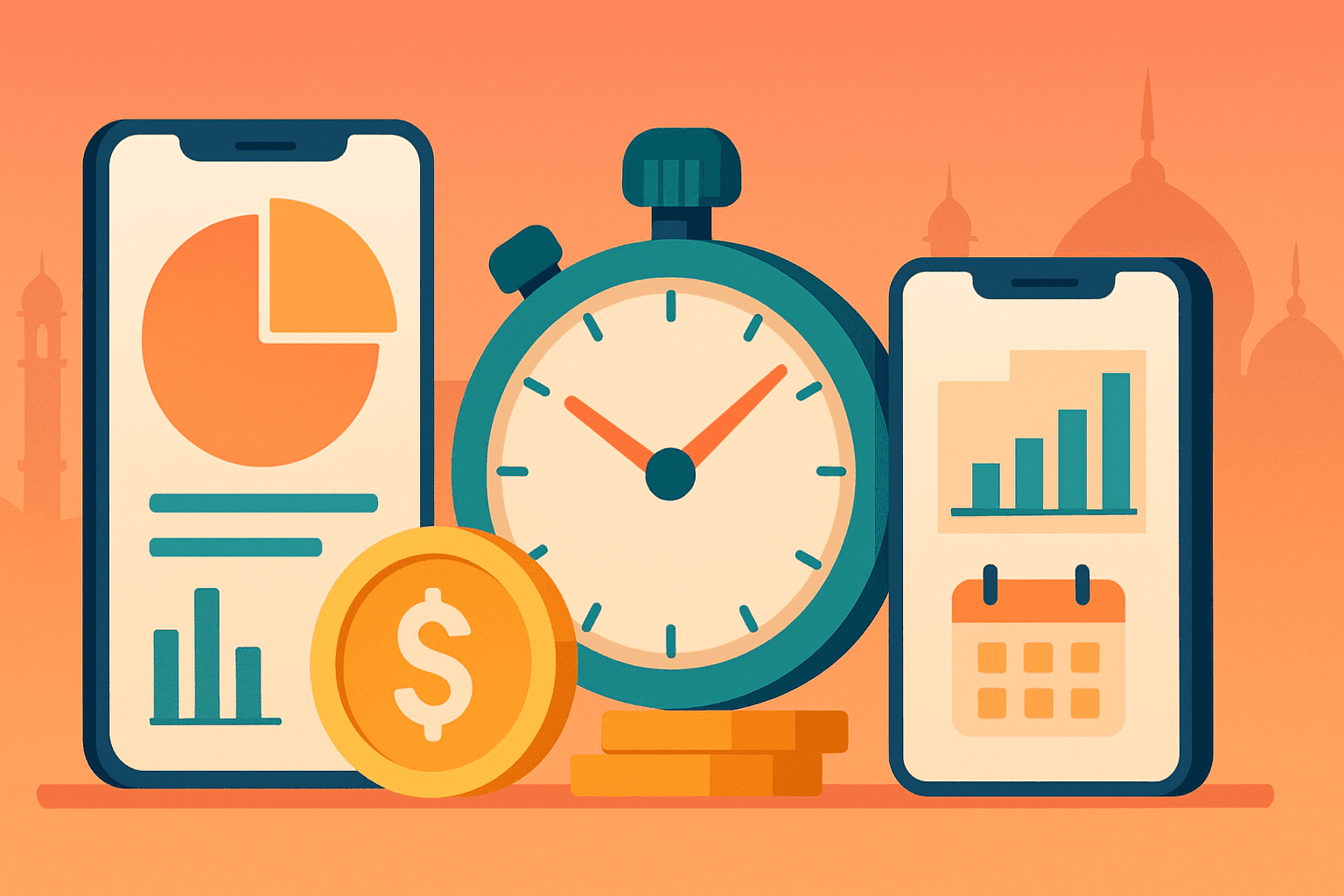 A calculator displaying a high number, surrounded by icons representing app features like chat, payments, and analytics.