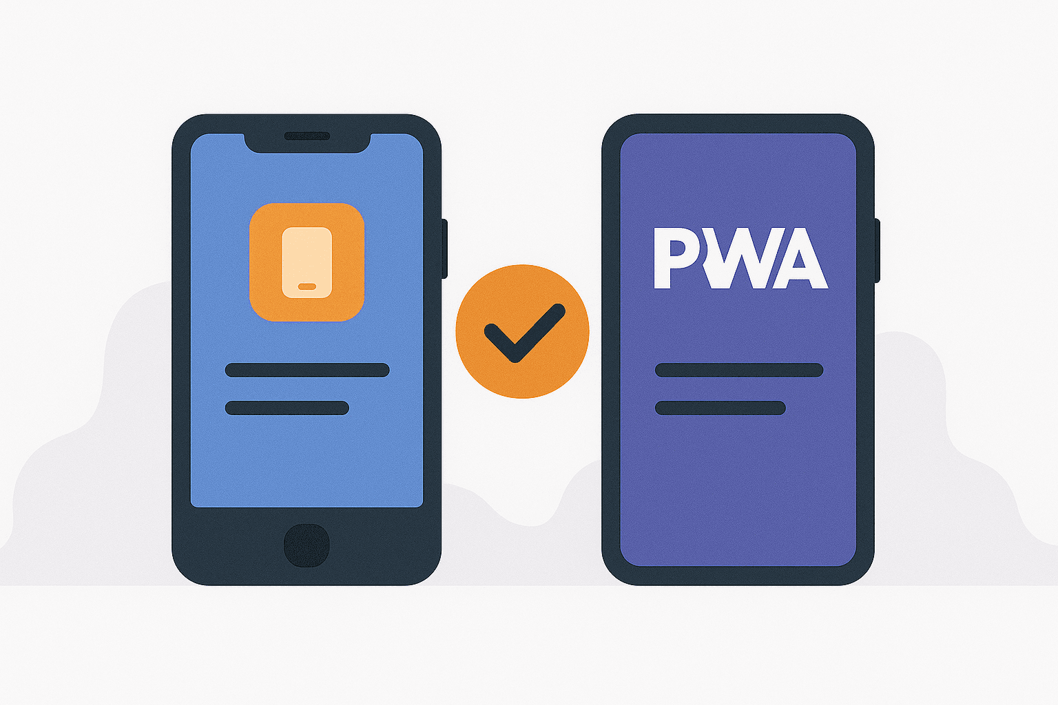 A smartphone screen split to show a native mobile app on one side and a Progressive Web App (PWA) on the other, comparing features.